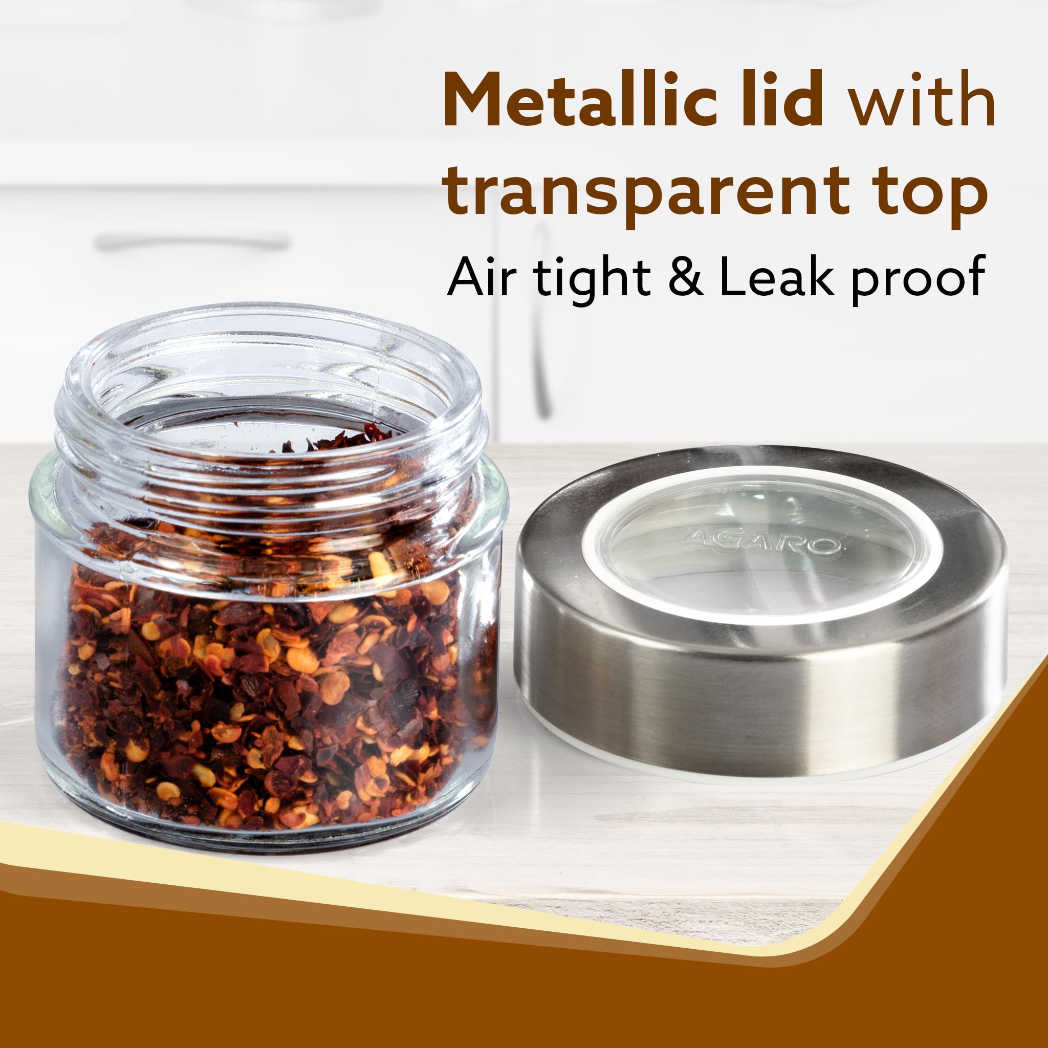 AGARO Elegant Glass Spice Jar with Metal Stand, Pack of 4, 100Ml Each, Spice storage box, kitchen organizer, spice containers, m